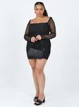 back view of model wearing Princess Polly Charvi Long Sleeve Mini Dress Black Curve 