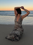 front view of model wearing Princess Polly Nellie Maxi Dress Leopard High Neck 