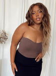 front view of model wearing Princess Polly Aston Strapless Bodysuit Brown Curve Sleeveless Sweetheart 