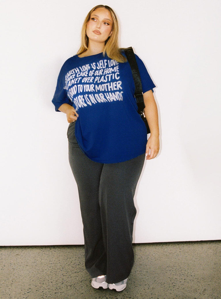 front view of model wearing Princess Polly Be Kind Charity Oversized Tee Blue Curve Short Sleeves Crew Neck 