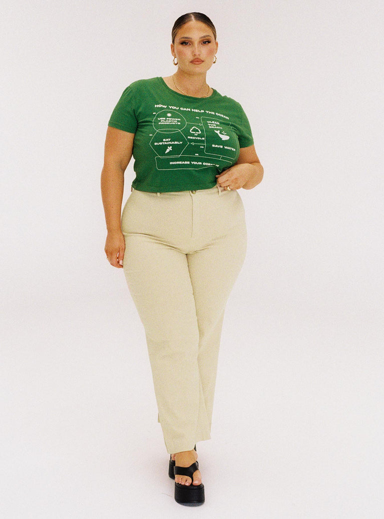 front view of model wearing Princess Polly Organic Protect Charity Baby Tee Green Curve Short Sleeves Crew Neck 