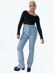 Front view of model wearing  front Princess Polly High Waisted  Mish High Rise Flare Jean Denim