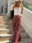 Front view of model wearing  front Princess Polly High Waisted  Addy Wide Leg Cargo Jeans Burgundy