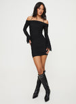 Front view of model wearing  front Princess Polly High Neck  Taylon Off The Shoulder Mini Dress Black