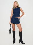 front view of model wearing Princess Polly Countryside Top Denim Sleeveless Crew Neck 