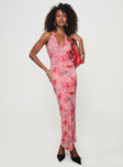 front view of model wearing Princess Polly Maillard Halter Maxi Dress Pink V-Neck 