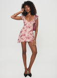 front view of model wearing Princess Polly Trigg Mini Dress Pink Floral Plunger 