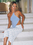 front view of model wearing Princess Polly Talfourd One Shoulder Top Blue Sleeveless Asymmetric Neckline 