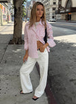 front view of model wearing Princess Polly Belize Shirt Red / White Stripe Full Sleeves V-Neck 