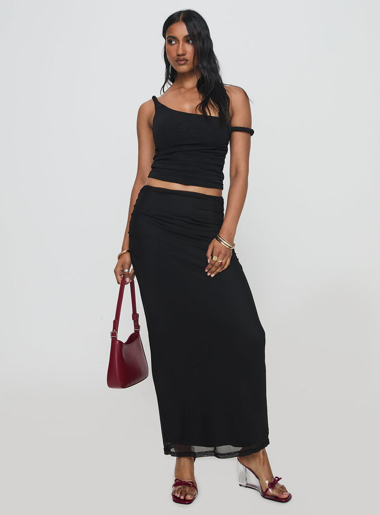   front view of model wearing Princess Polly Mastermind Ruched Maxi Skirt Black Maxi 