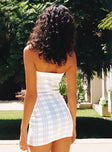 back view of model wearing Princess Polly Carano Mini Dress Blue Check Sweetheart Neckline 