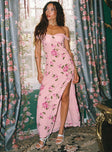 front view of model wearing Princess Polly Emmeline Off The Shoulder Maxi Dress Pink Floral Sweetheart Neckline 