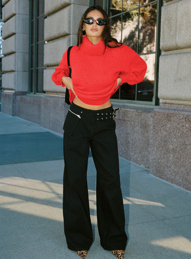 front view of model wearing Princess Polly Paltrow Cargo Pant Black High Waisted Pants 