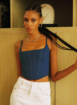 front view of model wearing Princess Polly Myles Top Denim Sleeveless Square Neck 