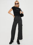 Cargo Pants  Striped, high-waisted,  four pocket design, belt looped waist, wide leg  Button & zip fatsening at front 