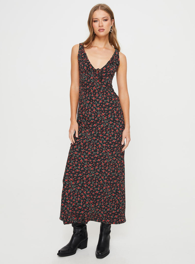 product Princess Polly High Neck High Neck  Bareena Bias Cut Maxi Dress Black / Red Floral