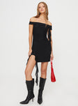 Front view of model wearing  front Princess Polly Boat Neck  Vando Off The Shoulder Mini Dress Black