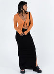 Orange long sleeve top Sheer mesh material  Wide v neckline  Tie front fastening  Good stretch  Unlined 