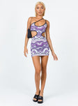 front view of model wearing Princess Polly Benjamin Mini Dress Purple Multi 