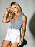 Front view of model wearing  front Princess Polly Sleeveless Sweetheart  Burrows Denim Vest