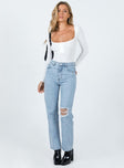 Front view of model wearing  front Princess Polly High Waisted  Delmore Straight Leg Jeans Mid Wash Denim