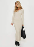 front view of model wearing Princess Polly Malletti Long Sleeve Maxi Dress Beige Scoop Neck 