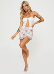   side view of model wearing Princess Polly Moreau Mini Skirt Pink/white Mini Skirts 