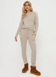 front view of model wearing Princess Polly Abrams Rib Knit Pant Beige High Waisted Pants 