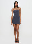 side view of model wearing Princess Polly Langdon Strapless Mini Dress Charcoal Straight Neck 