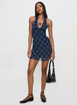 front view of model wearing Princess Polly Laraline Halter Mini Dress Navy Check Plunger 