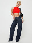 Front view of model wearing  front Princess Polly High Waisted  Rathlyn Pinstripe Jeans Dark Denim