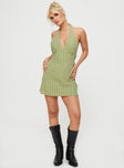 front view of model wearing Princess Polly Kopra Halter Mini Dress Green Plunger 