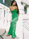 Front view of model wearing  front Princess Polly High Neck  Burn Out Velvet Maxi Dress Green