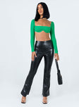 side view of model wearing Princess Polly Becca Long Sleeve Crop Top Green 