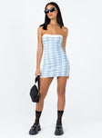 front view of model wearing Princess Polly Carano Mini Dress Blue Check Sweetheart Neckline 