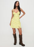 front view of model wearing Princess Polly Georgia Mini Dress Yellow Floral Plunger 