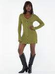 front view of model wearing Princess Polly Waldin Long Sleeve Mini Dress Olive V-Neck 