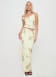 front view of model wearing Princess Polly Rios One Shoulder Top Yellow Floral Sleeveless Asymmetric Neckline 