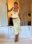   side view of model wearing Princess Polly Lewish Low Rise Midi Skirt Green Floral Midi Skirts 