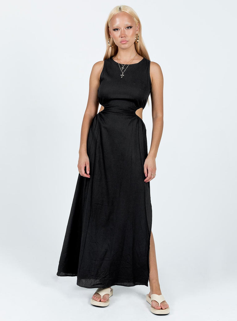 Front view of model wearing  front Princess Polly High Neck  Lonso Midi Dress Black