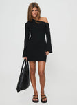 front view of model wearing Princess Polly Holveck Off The Shoulder Mini Dress Black Asymmetric Neckline 