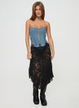 front view of model wearing Princess Polly Eden Lace Up Corset Denim Mid Wash Sleeveless straight 