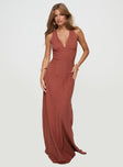 side view of model wearing Princess Polly Verde Linen Blend Maxi Dress Burnt Rust V-Neck 