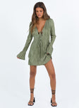 Front view of model wearing  front Princess Polly Crew Neck  Malop Long Sleeve Mini Dress Sage