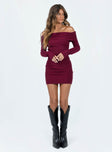 product Princess Polly Asymmetric Neckline  Camtel Off The Shoulder Mini Dress Burgundy