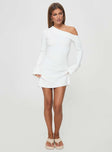 front view of model wearing Princess Polly Holveck Off The Shoulder Mini Dress White Asymmetric Neckline 