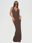 front view of model wearing Princess Polly Nellie Maxi Dress Brown Polka Dot V-Neck 