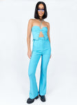 side view of model wearing Princess Polly Mid Way Laced Flare Pants Blue 