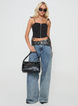 front view of model wearing Princess Polly Dalloren Denim Cargo Top Black Sleeveless Square Neck 