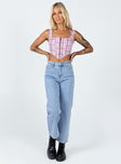 front view of model wearing Princess Polly Day Dreaming Top Pink Check 